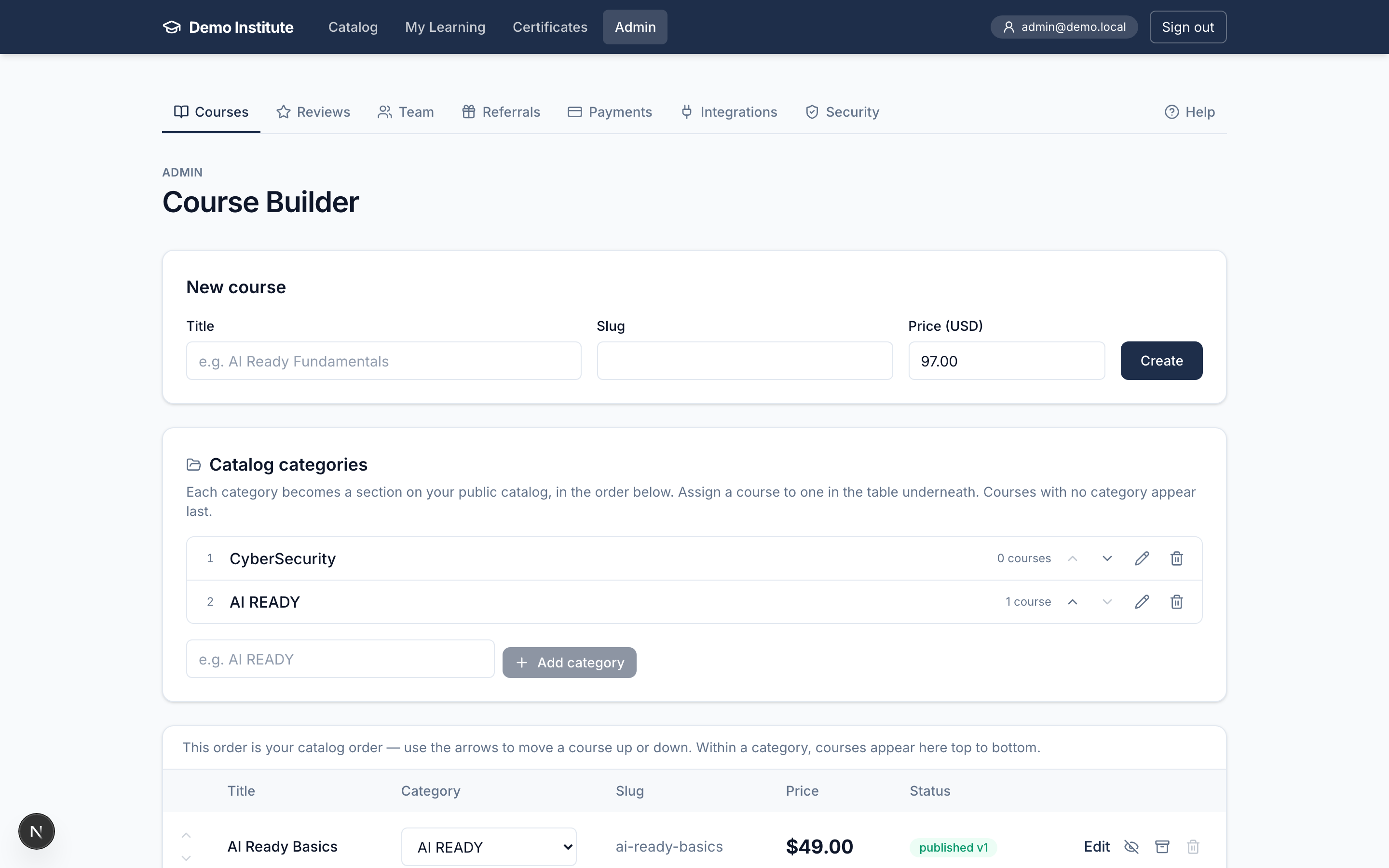 The Admin → Courses list with a New course button