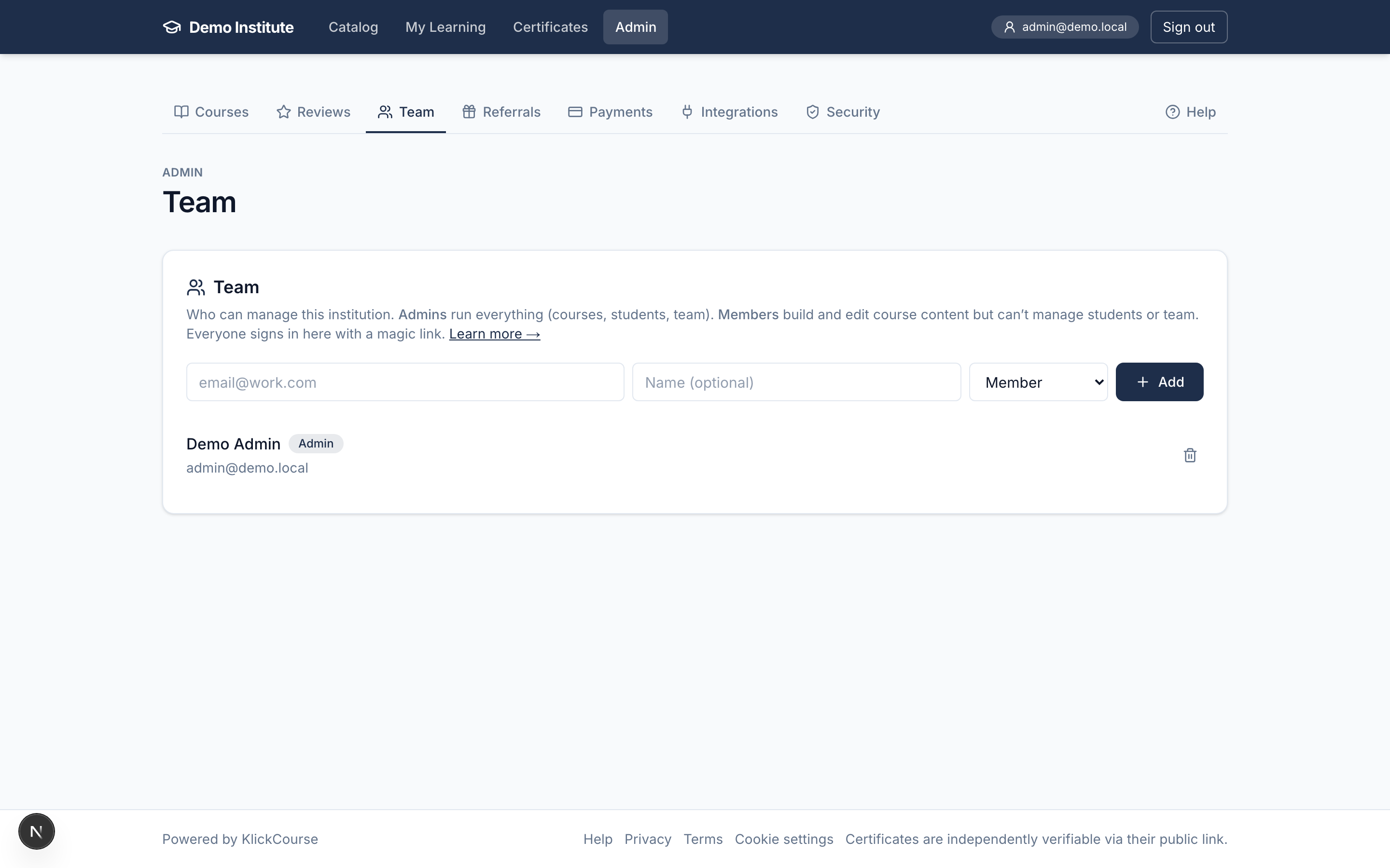 The Admin → Team page with the invite form and member list