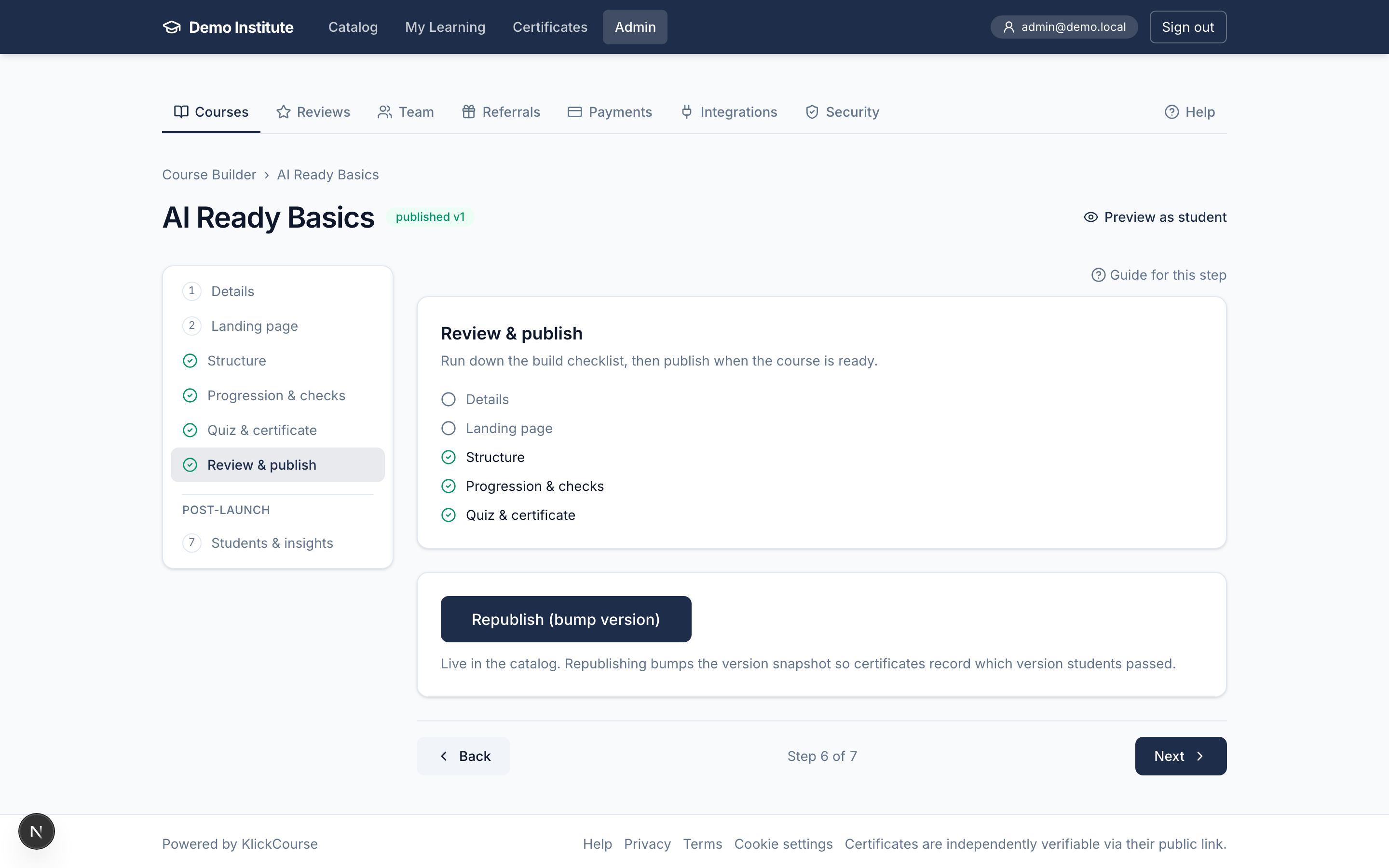 The Review & publish step with the checklist and publish button