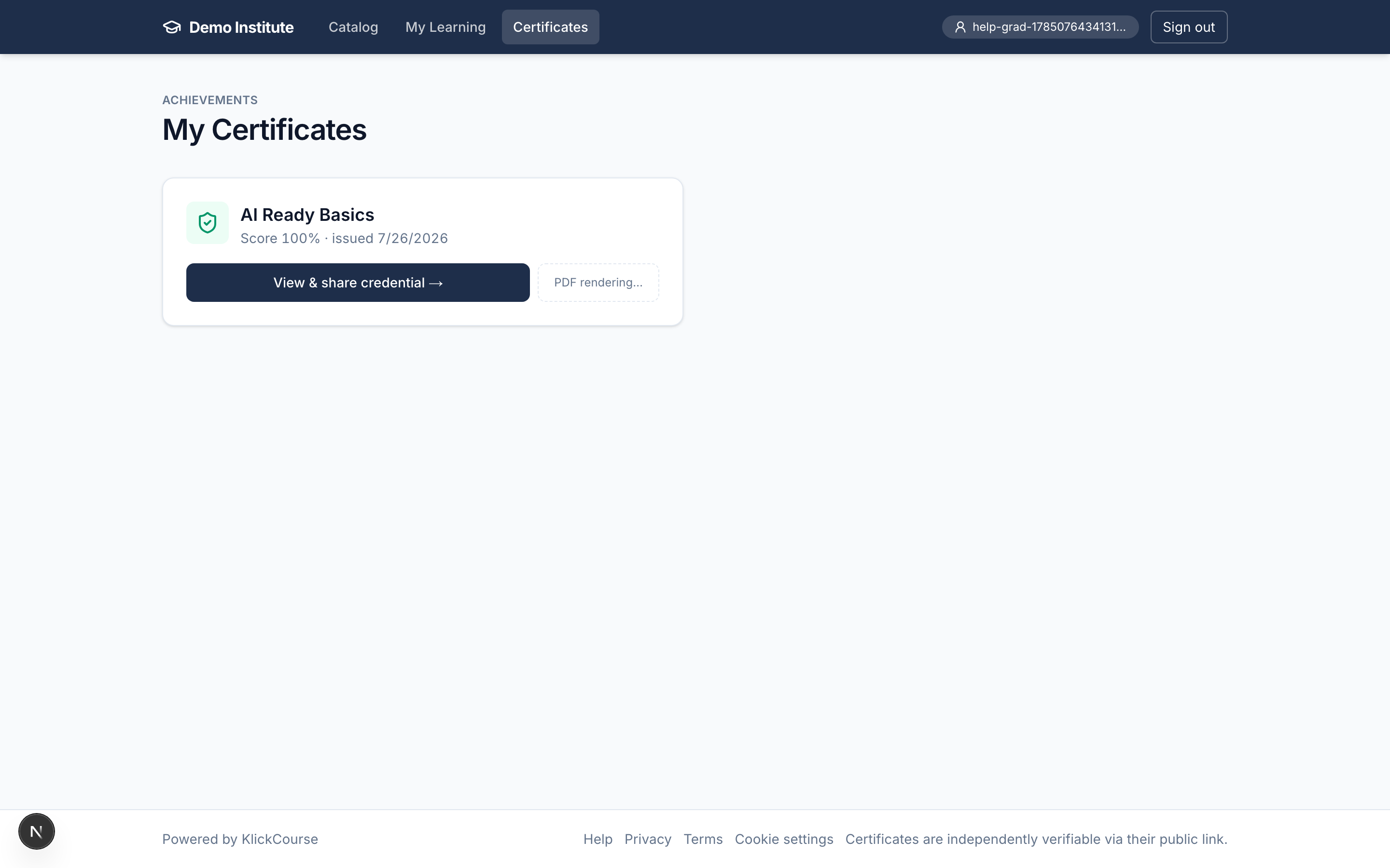 The My Certificates page with an earned certificate card