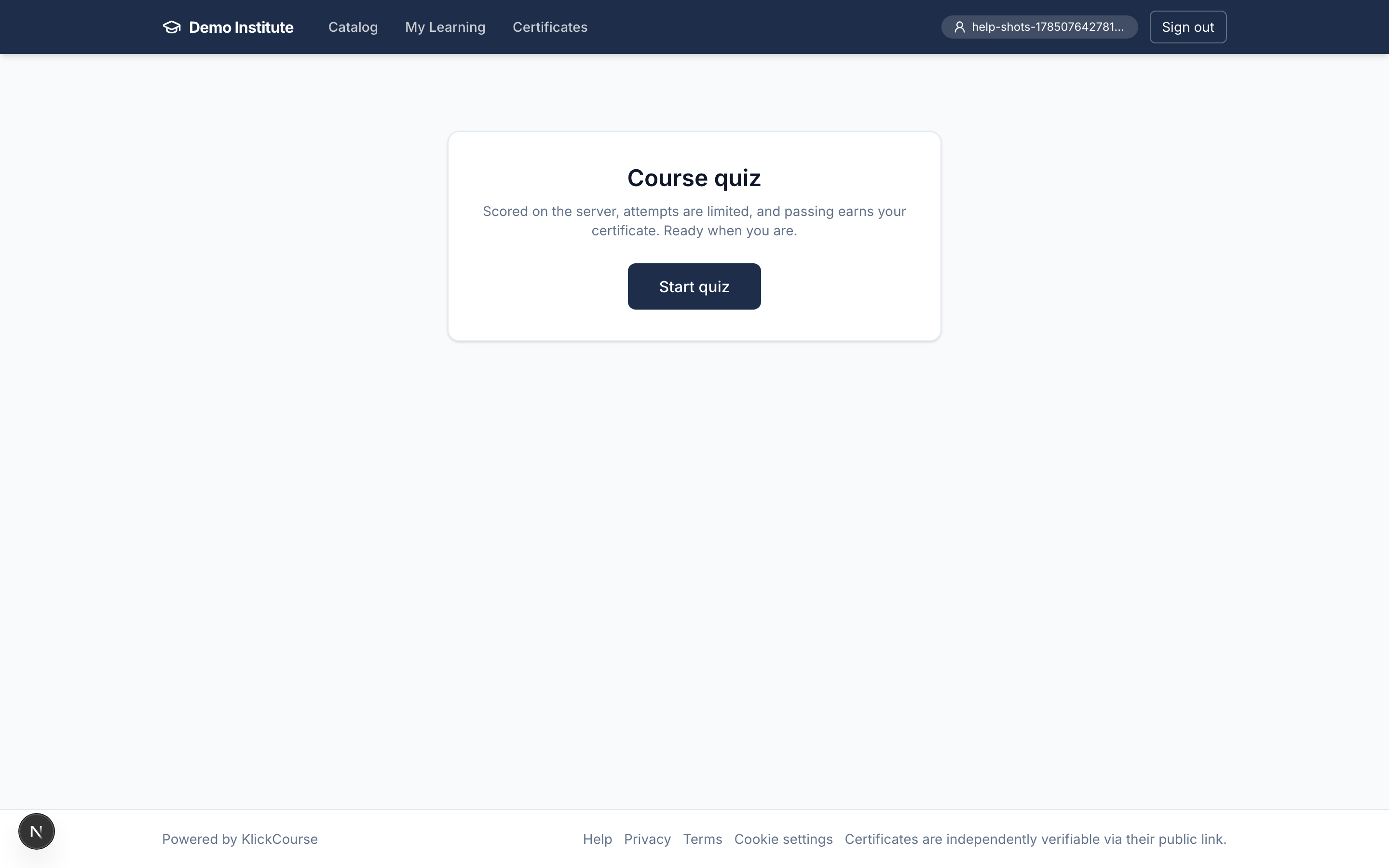 The course quiz page with the start screen
